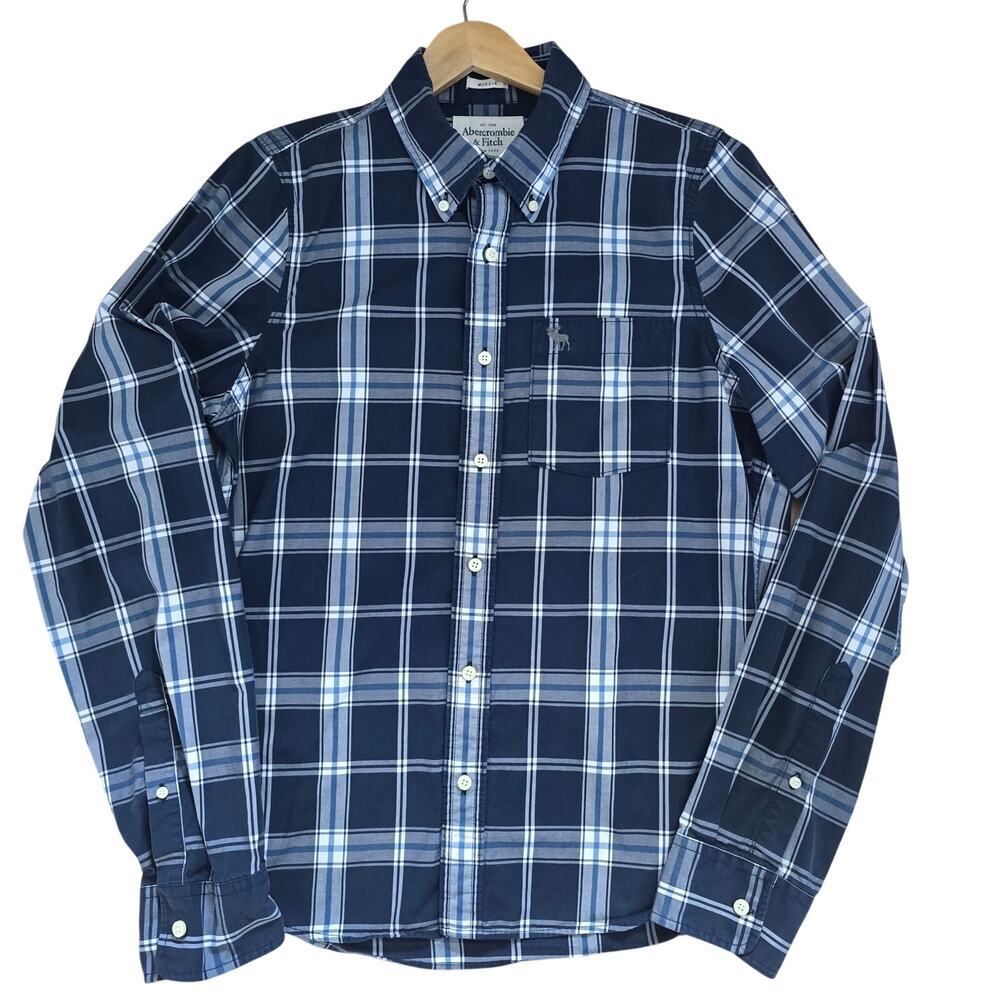 Abercrombie & Fitch Mens Plaid Long Sleeve Shirt XL Moose Logo Embroidered Navy - Picture 2 of 7